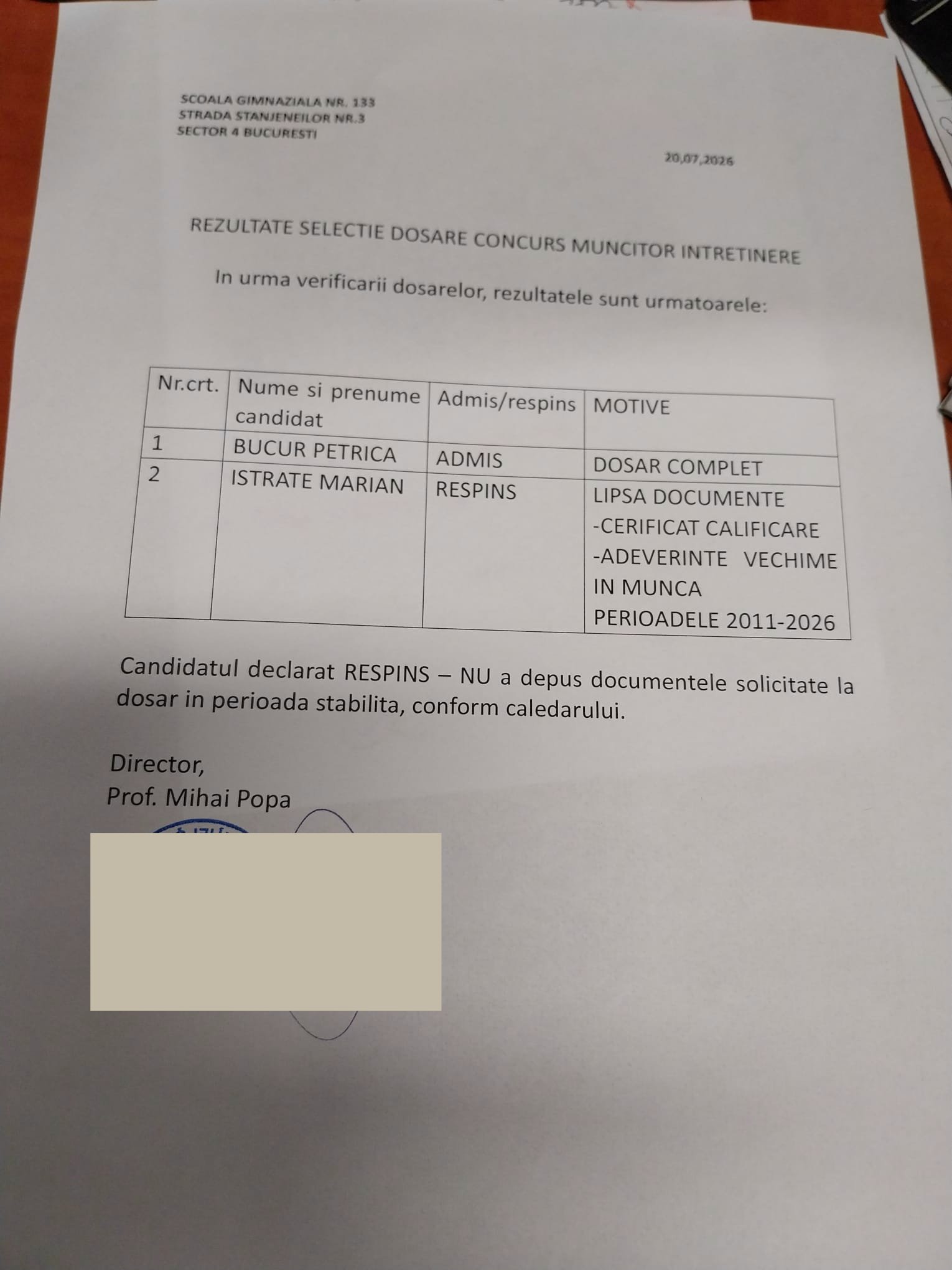 Rezultat selectie dosare